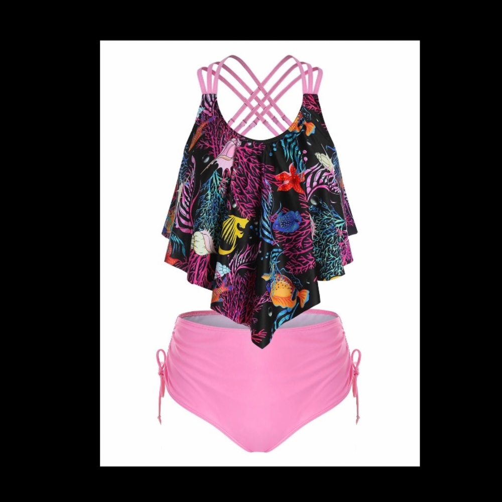 Tropical Fish Crisscross Back Tankini Swim Suit